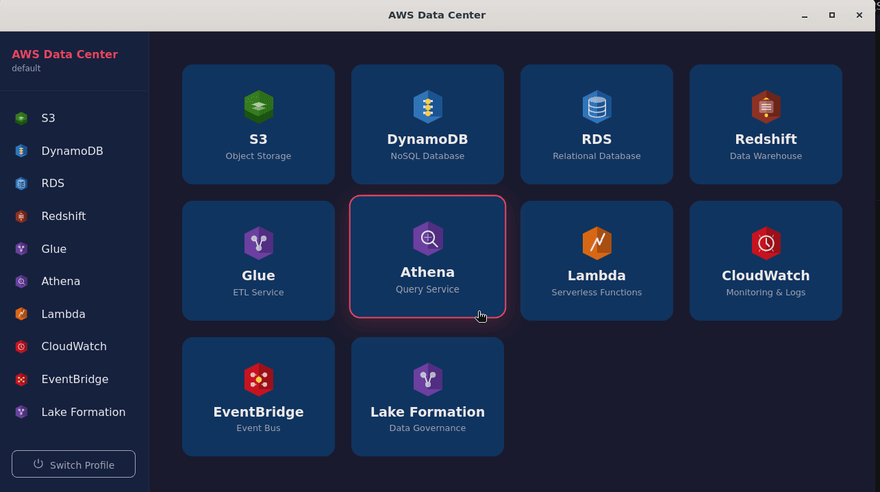 AWS Data Center main menu — Kodi-style tile navigation