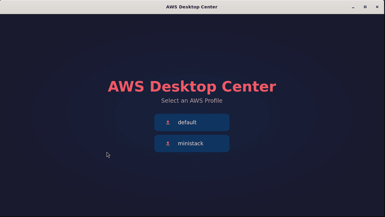 AWS Desktop Center showing default and ministack profiles