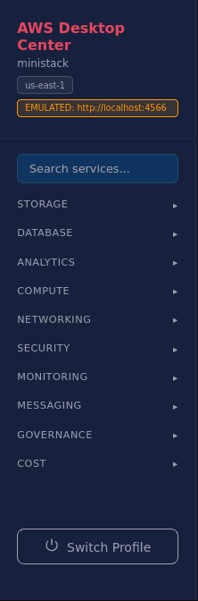 AWS Desktop Center sidebar with MiniStack profile, region, emulated endpoint, and domains